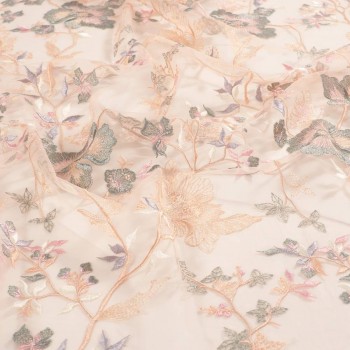 Coral camellia embroidered tulle