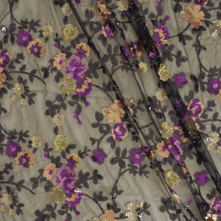 Yellow lilac beige sequin flower embroidery