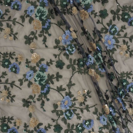 Blue beige sequin flower embroidery