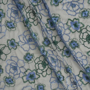Tul bordado flor  azul