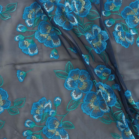 Blue navy embroidered flower organza