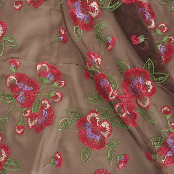 Brown embroidered flower organza