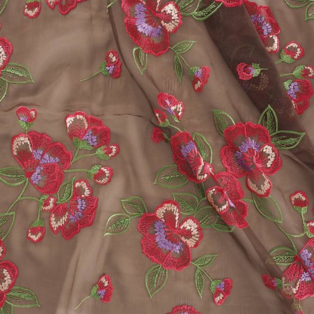 Brown embroidered flower organza