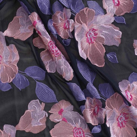 Blue navy flower embroidered chiffon