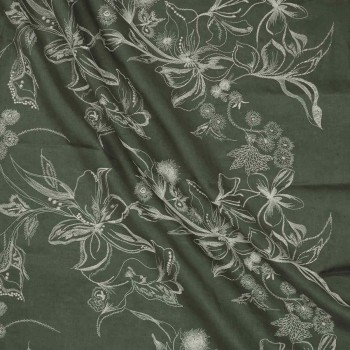 Green kaki embroidered flower linen