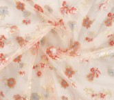 Coral embroidered garden on tulle