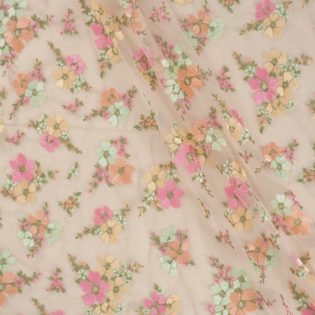Pink yellow flower embroidered tulle