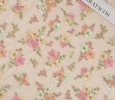 Pink yellow flower embroidered tulle