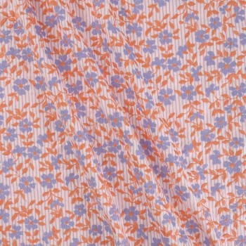 Blue orange embroidered flowers on stripes