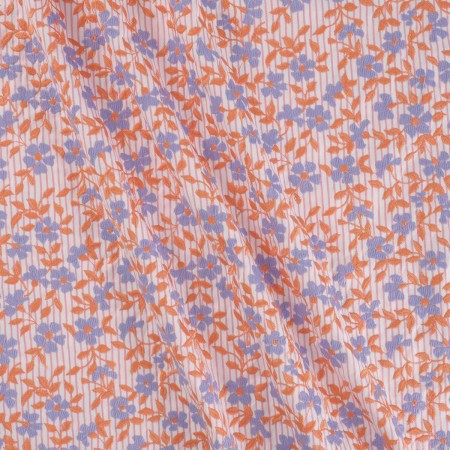 Blue orange embroidered flowers on stripes